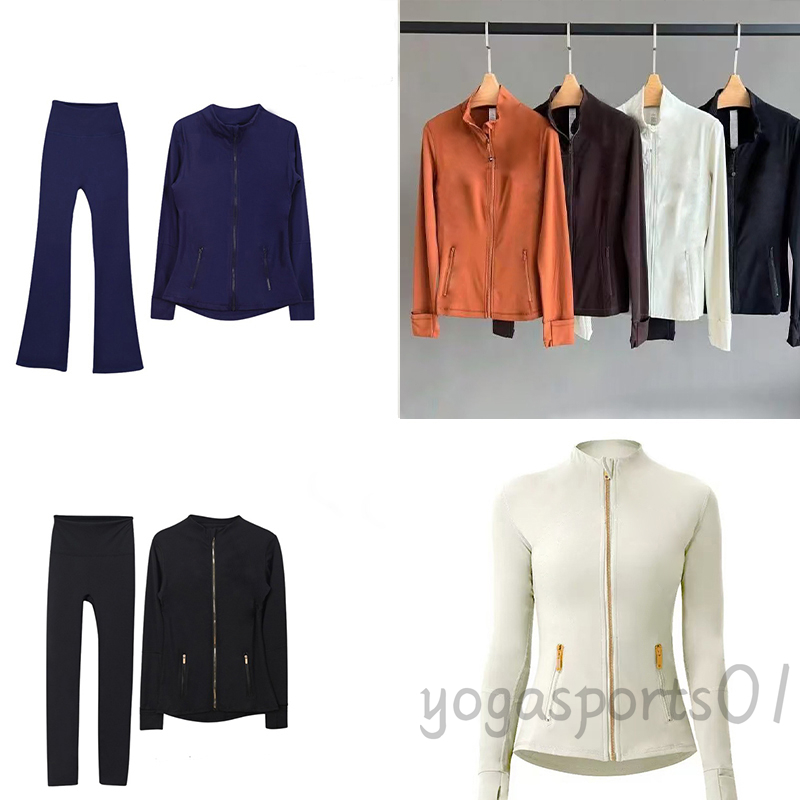 Women Workout Set Yoga jacket Gold Zipper Jackets Outdoor Elastic sports coat Leggings Flared Pants outfit Zip Up Sweatshirt yoga set for fitness runing cycling