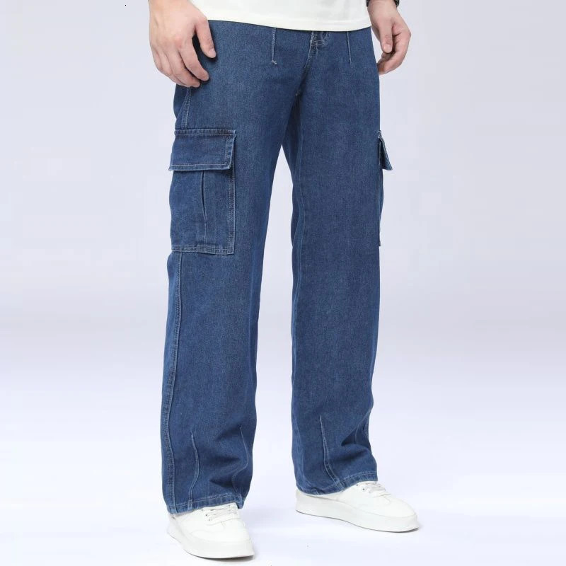 Baggy Straight Leg Jeans MultiPocket Washed Cargo Pants Autumn Fashion Plus Size Classic Blue Casual Retro Daily Denim Trousers 251205
