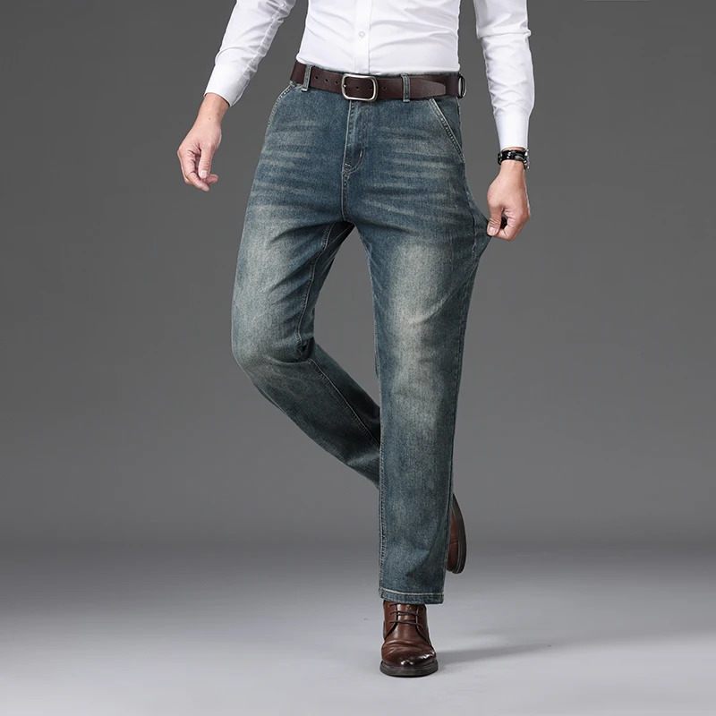 Autumn Mens Straight Jeans Classic Washed Stretch Cotton Business Casual Denim Pants Fashion Clothes Black Blue Gray 251205