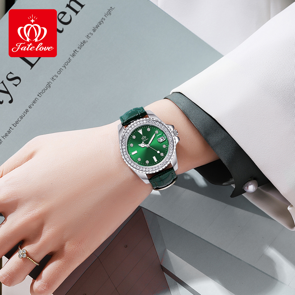 Fatelove Moissanite Inlaid Designer Watch With Green Dial Luxurious And Fashionable Women's Watch Leather Strap Quartz Men's Watch Waterproo