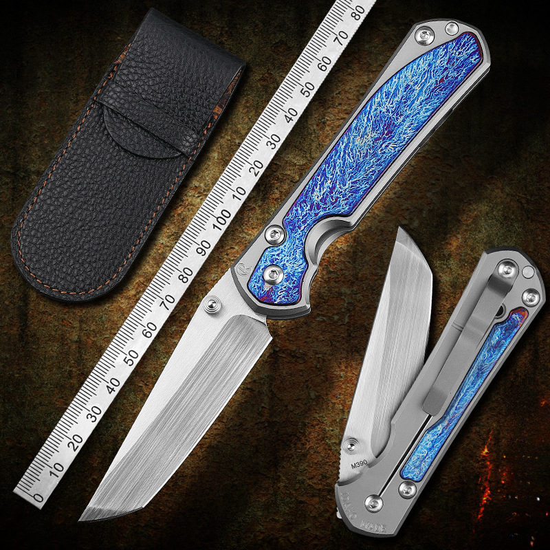 Crisp M390 Powdered Steel Pocket Knife with Holster, Lightning Pattern TC4 Titanium Handle, Camping Hunting EDC Folding Knife