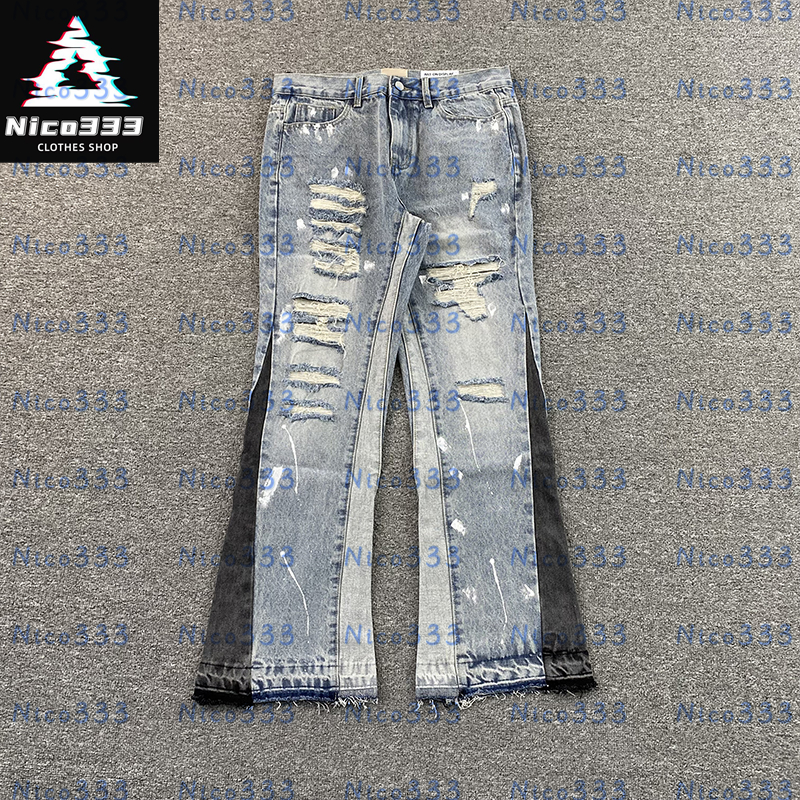 GA flared jeans Light blue ink graffiti splicing color collision leg frayed personality loose loose hundred street men and women casual flare jeans