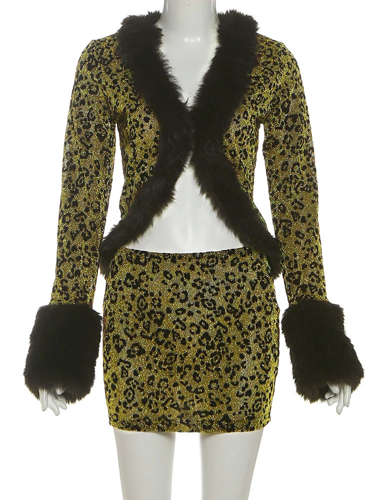 Kliou Leopard Print 2 Piece Set Woman Autumn Trend Furry Patchwork Full Sleeve TopsSkinny Mini Skirts Street Wild Style Outfits 251212