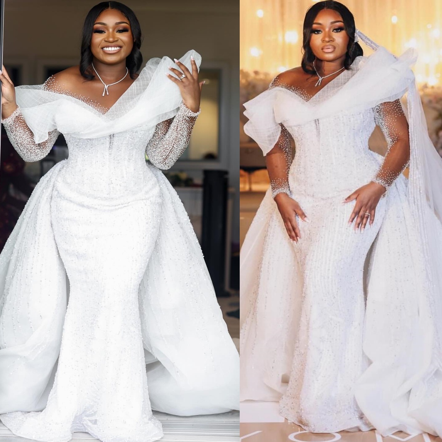 2026 Arabic Aso Ebi Plus Size Ivory Wedding Dresses Sheer Neck Beaded Sequined Full Sleeves Detachable Train Bridal Gowns Dress For Brides ZJ2059