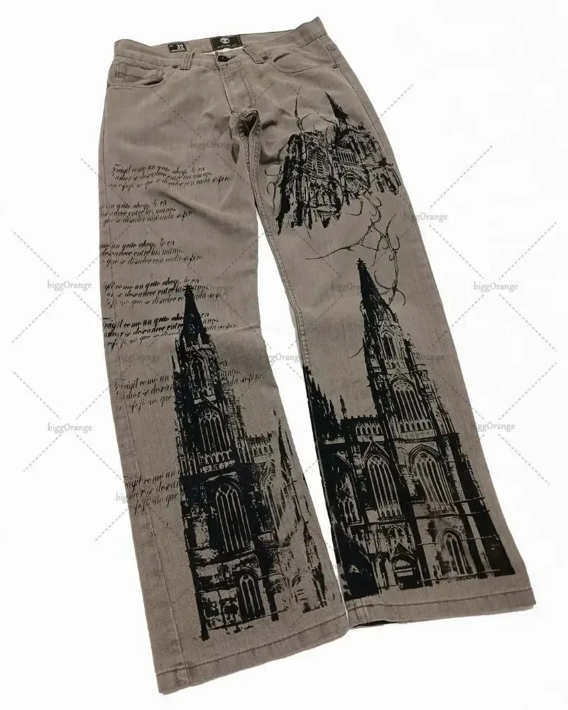 Punk Dark Angel Print Washed Distressed Jeans Men Harajuku Y2K Streetwear Trouser Gothic Retro Casual Straight Pants 251205