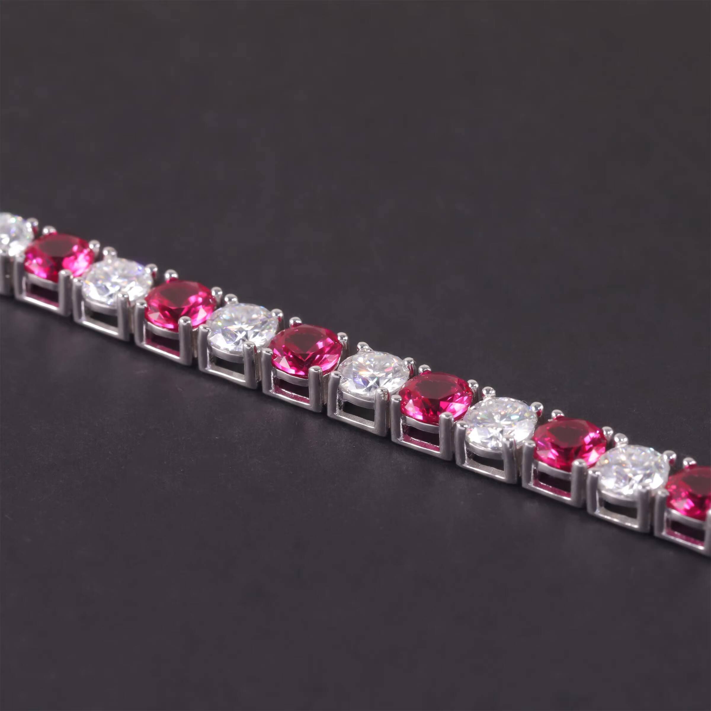 Two Tone S925 3MM 4MM 5MM Round Brilliant Cut White Moissanite Lab Grown Ruby 925 Sterling Silver Tennis Bracelet