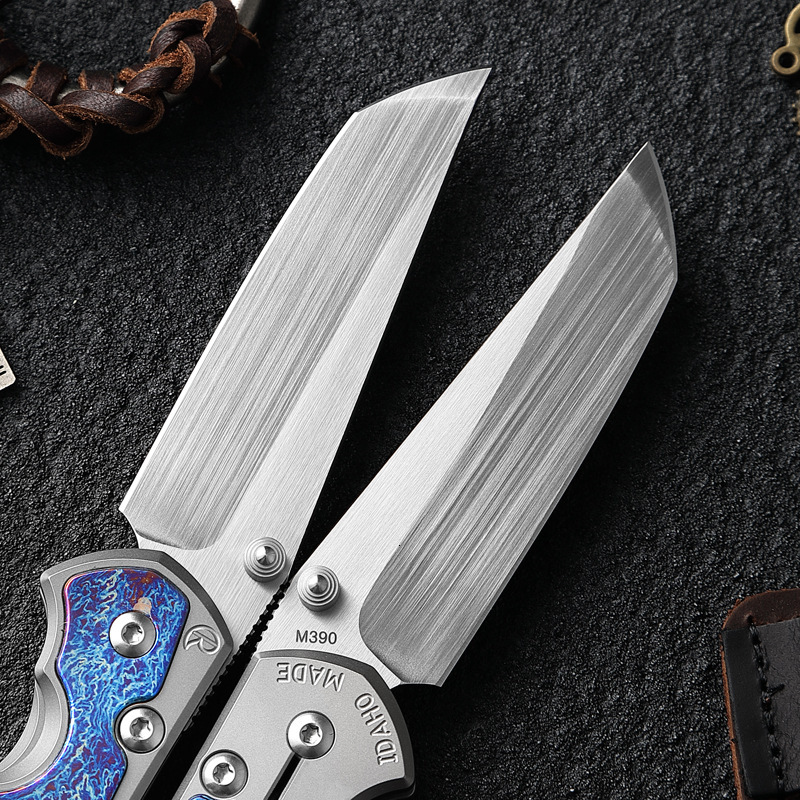 Crisp M390 Powdered Steel Pocket Knife with Holster, Lightning Pattern TC4 Titanium Handle, Camping Hunting EDC Folding Knife