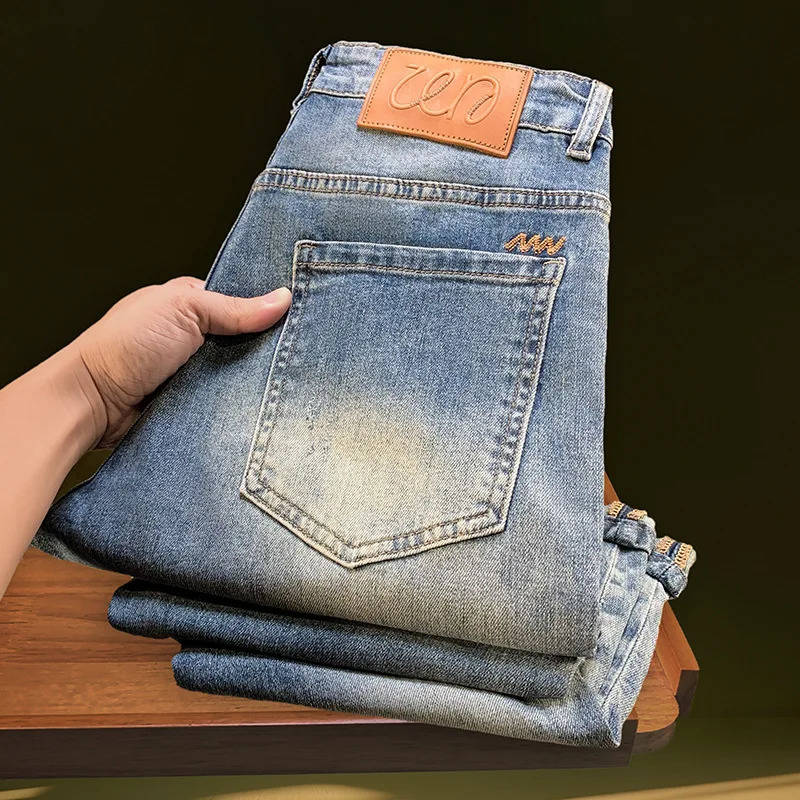 Nine point ripped denim jeans for men in the summer of 2025 thin and trendy retro washed n leg elastic pants 251205