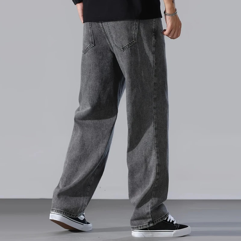 Large mens loose straight tube gray washed denim jeans suitable for all seasons versatile daily use wide leg pants 251205