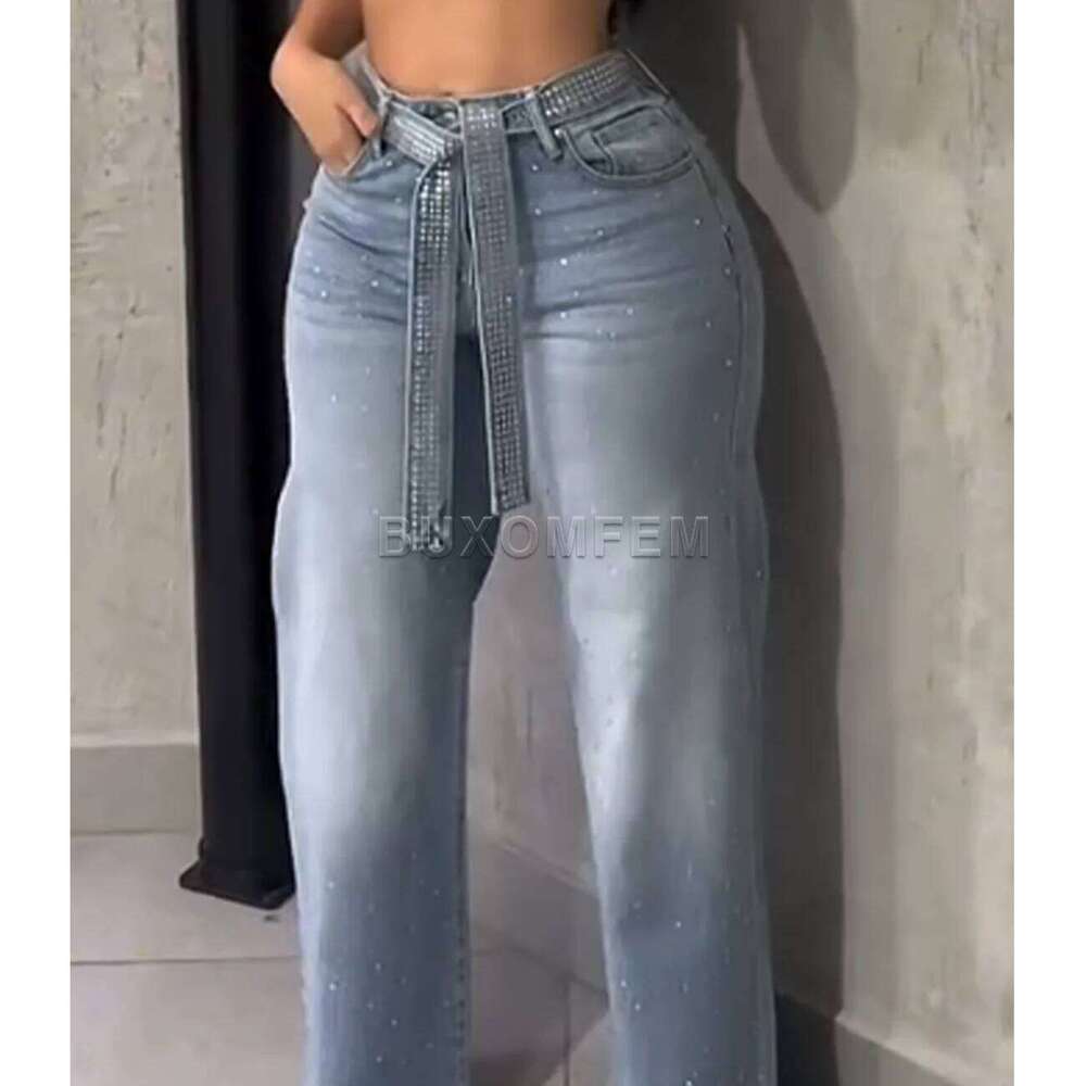 Women's Drilled Straight 2025 Stylish Baggy Pants Y2k Streetwear Outfit Wide Leg Loose Jeans Ladies Bottoms