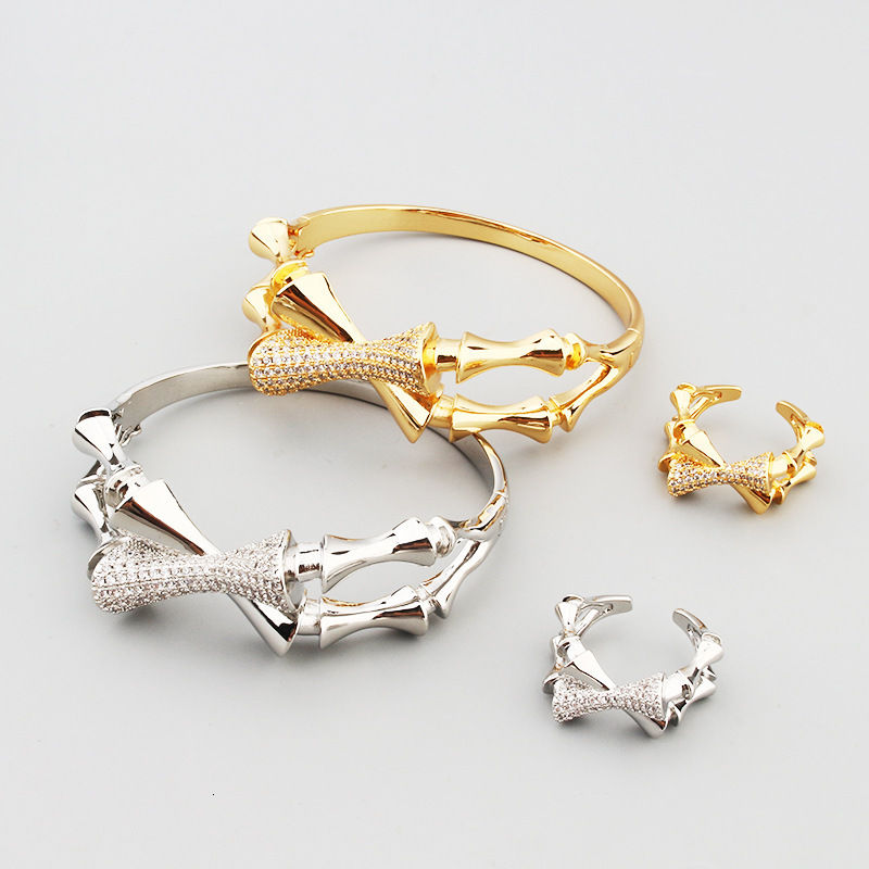 French Court Style Bamboo Knot Hollow Cross Bracelet Open Ring Women's Zircon Inlaid Jewelry