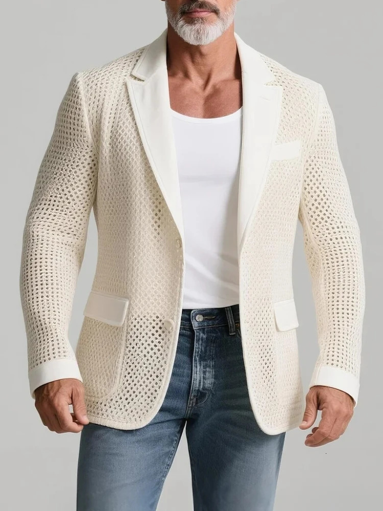 Mens Hollow Crochet Suit Coats Fashion Notch Lapel Two Button Long Sleeve Blazer Casual Solid Double Pockets All-match Jacket 251211
