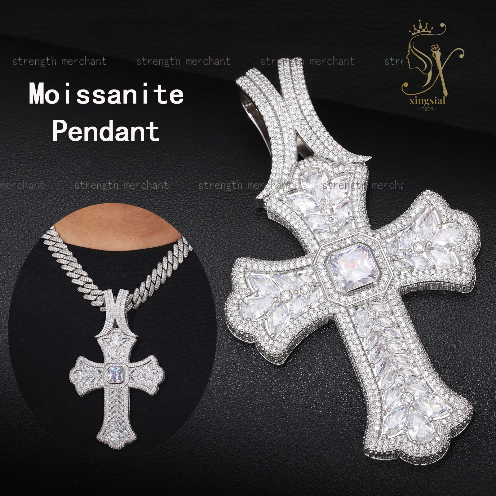 Custom Men GRA Moissanite Charm 925 Silver Luxury Hiphop Style Necklace 18k White Gold Cross Solid Moissanite Diamond Pendant