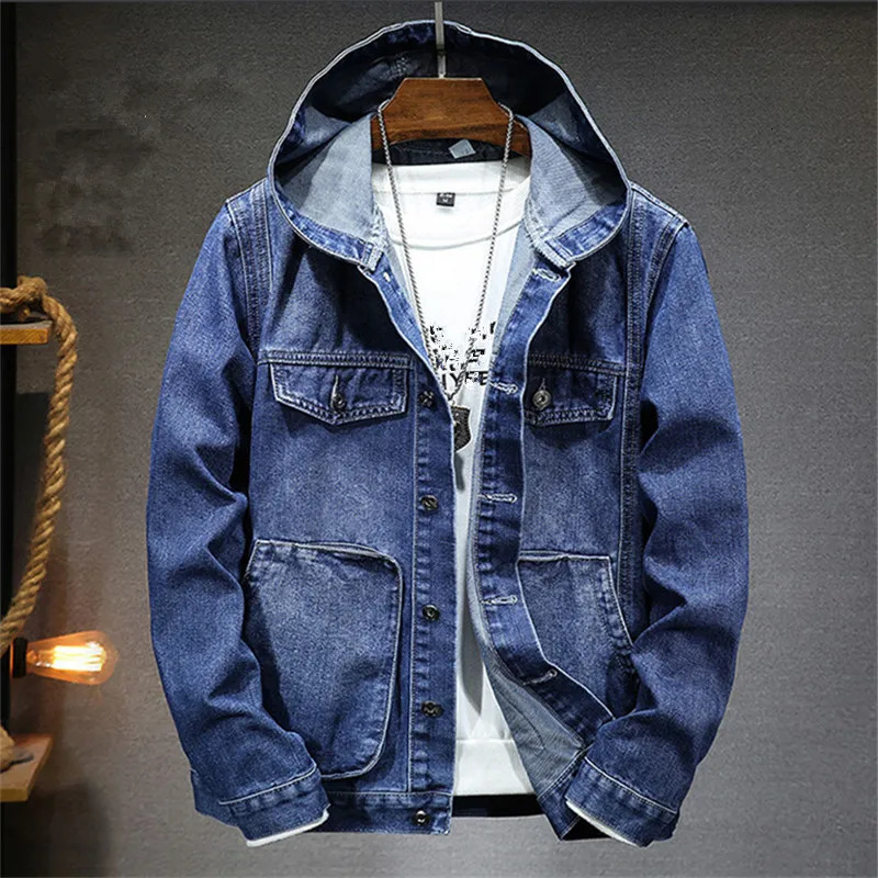 Spring Autumn Mens Hooded Denim Jacket Windproof Casual Coats Male Large Pocket Sports Denim Jackets Solid Fashion Streetwear 251213