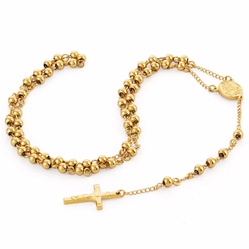 Stainless Steel Beads Necklace Gold Color Rosary Necklaces Pendants Jesus Christ Cross Long Chain Men Women Jewelry Gift NZ009251231ww