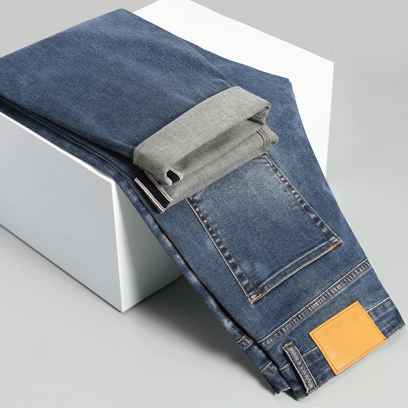 Pure Cotton Elastic Mens Casual Jeans Classic Loose Straight Wide Leg Pants High Quality Washed Denim Trousers 251205