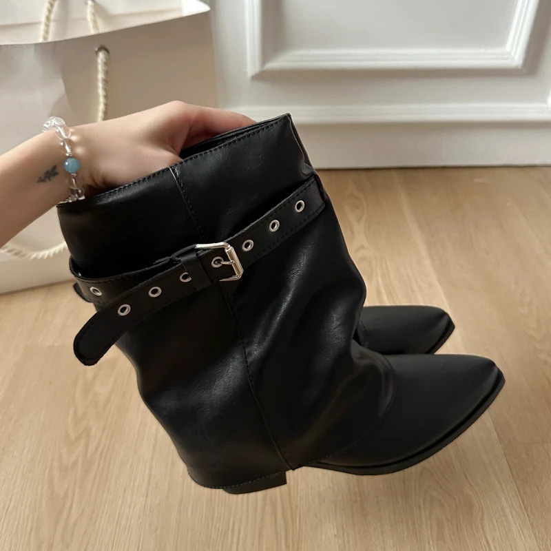 Inner Heightened Belt Buckle Boots Women Women British Style Booties Trouser Leaf Boots Mid-Leg Knight Boots 251212