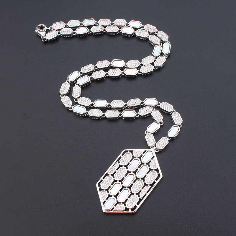 Creative Fashion Geometric Honeycomb Necklace Earrings Set Versatile Gold-Plated Colorful Stone Women's Elegant Sweater Chain Wholesale