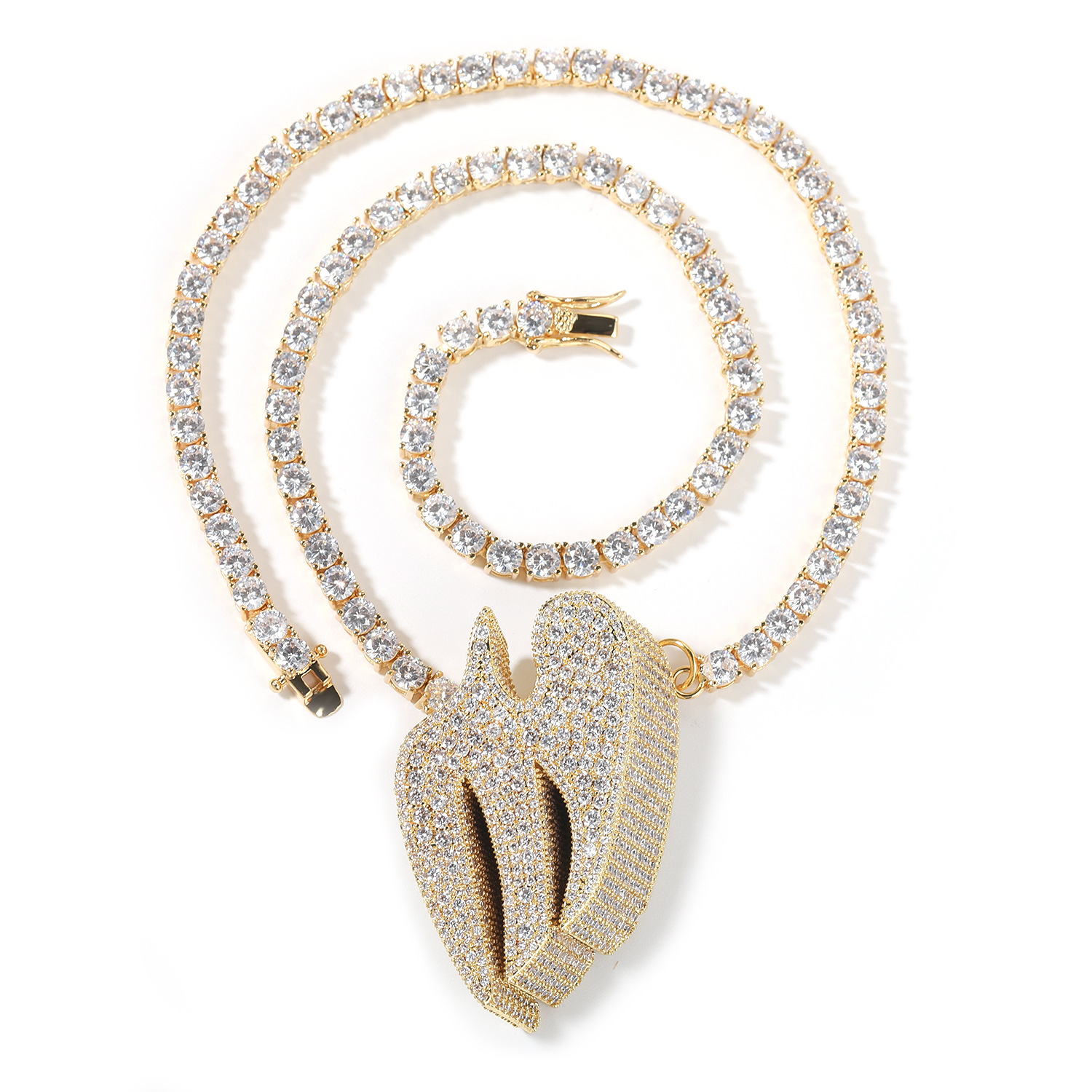 Hip Hop Flying Swallow Pendant Necklace Tennis Chain Choker TopBling 5A Zircons Real Gold Plated Men Women Couples Jewelry
