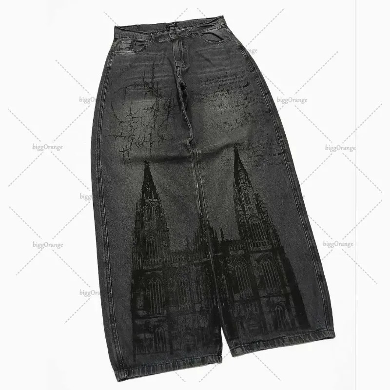 Punk Dark Angel Print Washed Distressed Jeans Men Harajuku Y2K Streetwear Trouser Gothic Retro Casual Straight Pants 251205