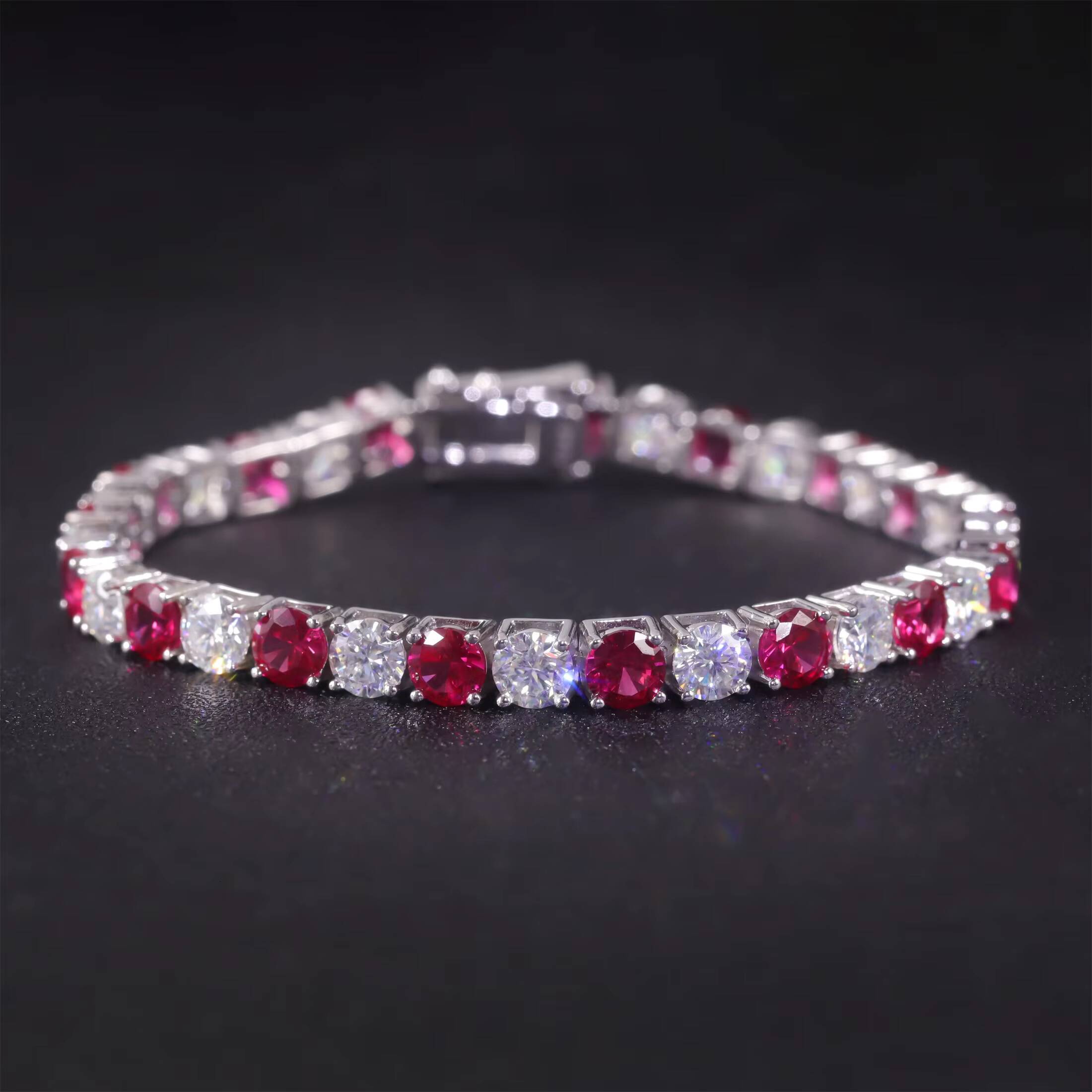 Two Tone S925 3MM 4MM 5MM Round Brilliant Cut White Moissanite Lab Grown Ruby 925 Sterling Silver Tennis Bracelet