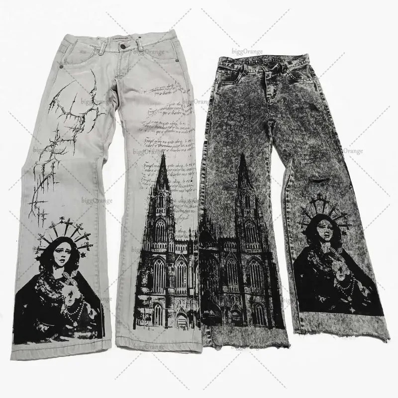 Punk Dark Angel Print Washed Distressed Jeans Men Harajuku Y2K Streetwear Trouser Gothic Retro Casual Straight Pants 251205