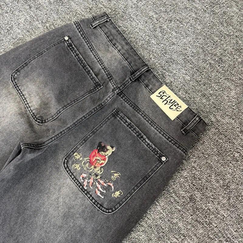 Men's Jeans Derschutze Clothing Street Fashion Carp Pond Embroidery Retro Washing Water Denim Pants Real Pos