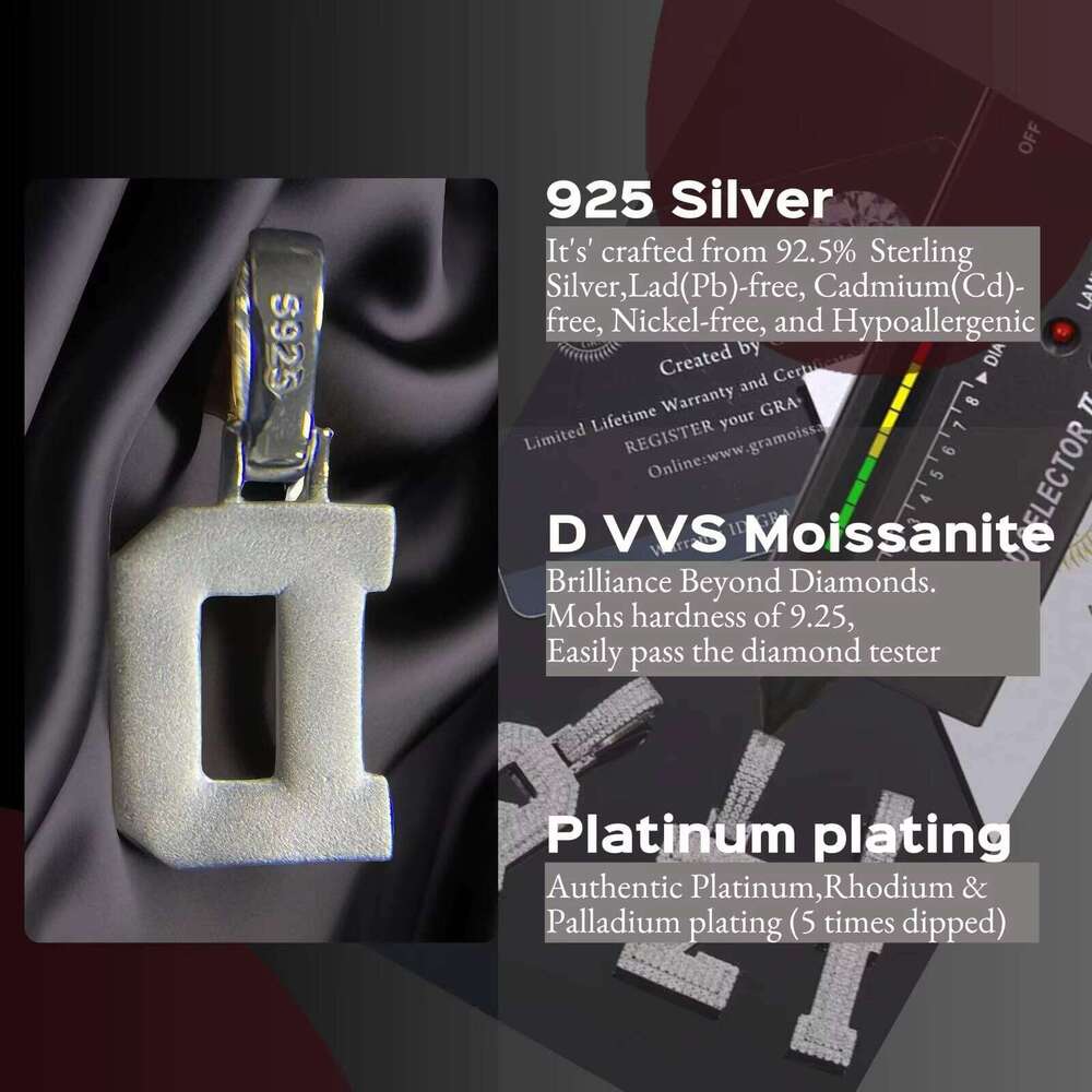 Moissanite Name Pendant Necklace for Men and Women Solid 925 Sterling Silver White Gold Plated A-Z Letter Iced Out Personalized Jewelry