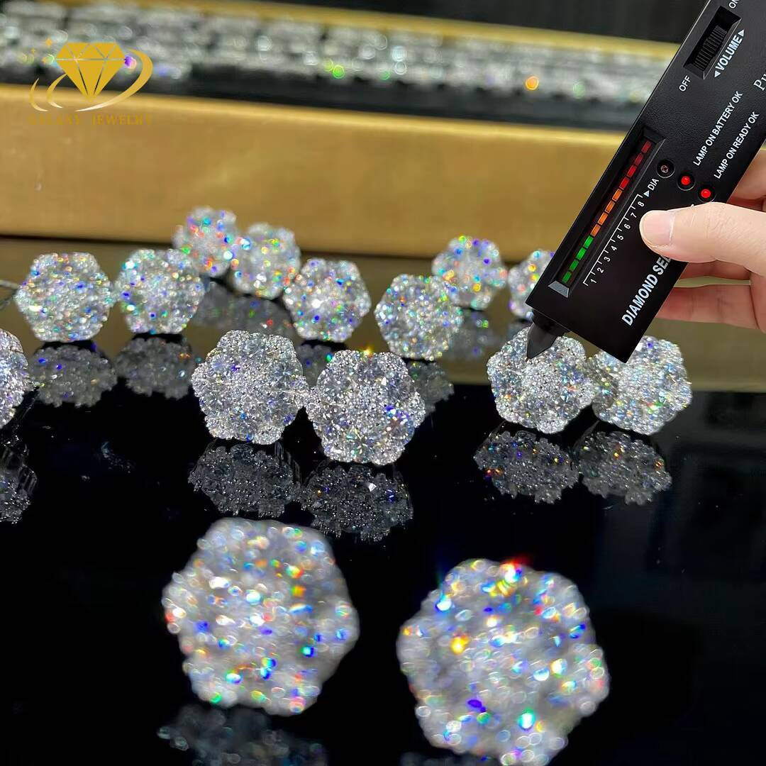 Hotsale Iced Out Hiphop Diamond Earring Silver 925 Vvs Moissanite Stud Earrings Iced Out Cluster Flower Stud Earrings