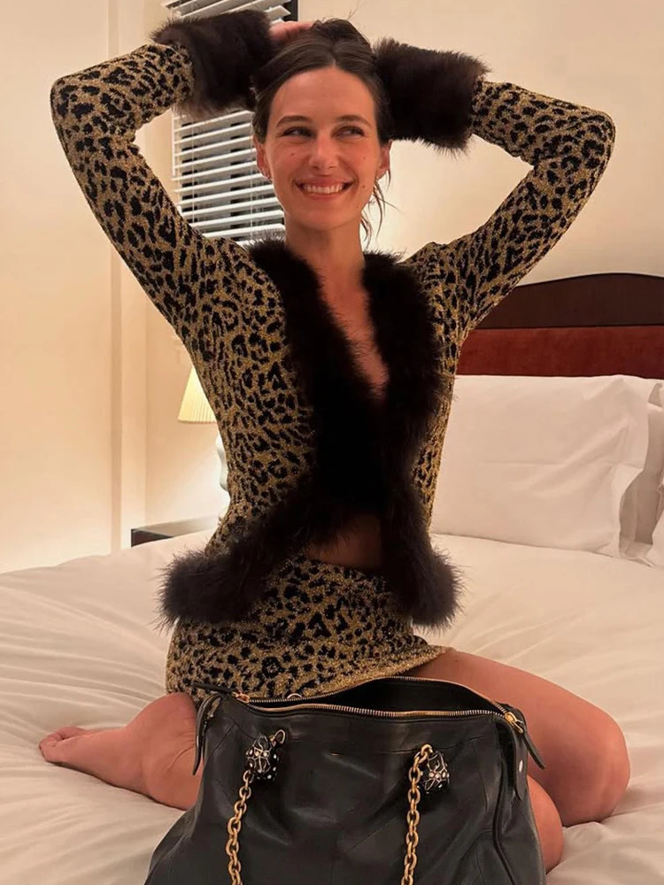 Kliou Leopard Print 2 Piece Set Woman Autumn Trend Furry Patchwork Full Sleeve TopsSkinny Mini Skirts Street Wild Style Outfits 251212