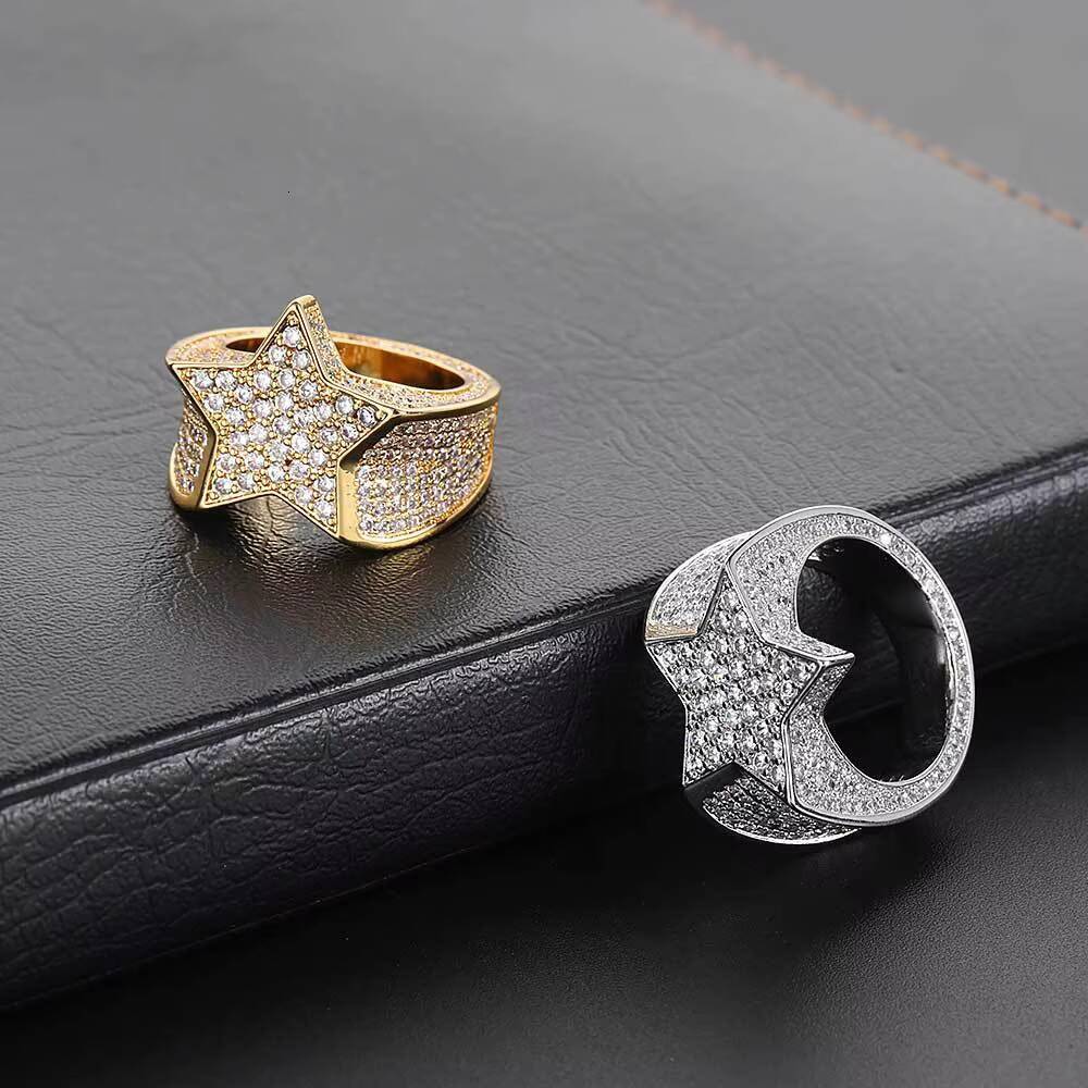 HipHop Mens Jewelry Full of Diamond Star Ring Real Gold Plating Iced Out Personality Micro Inlaid Zircon Ring
