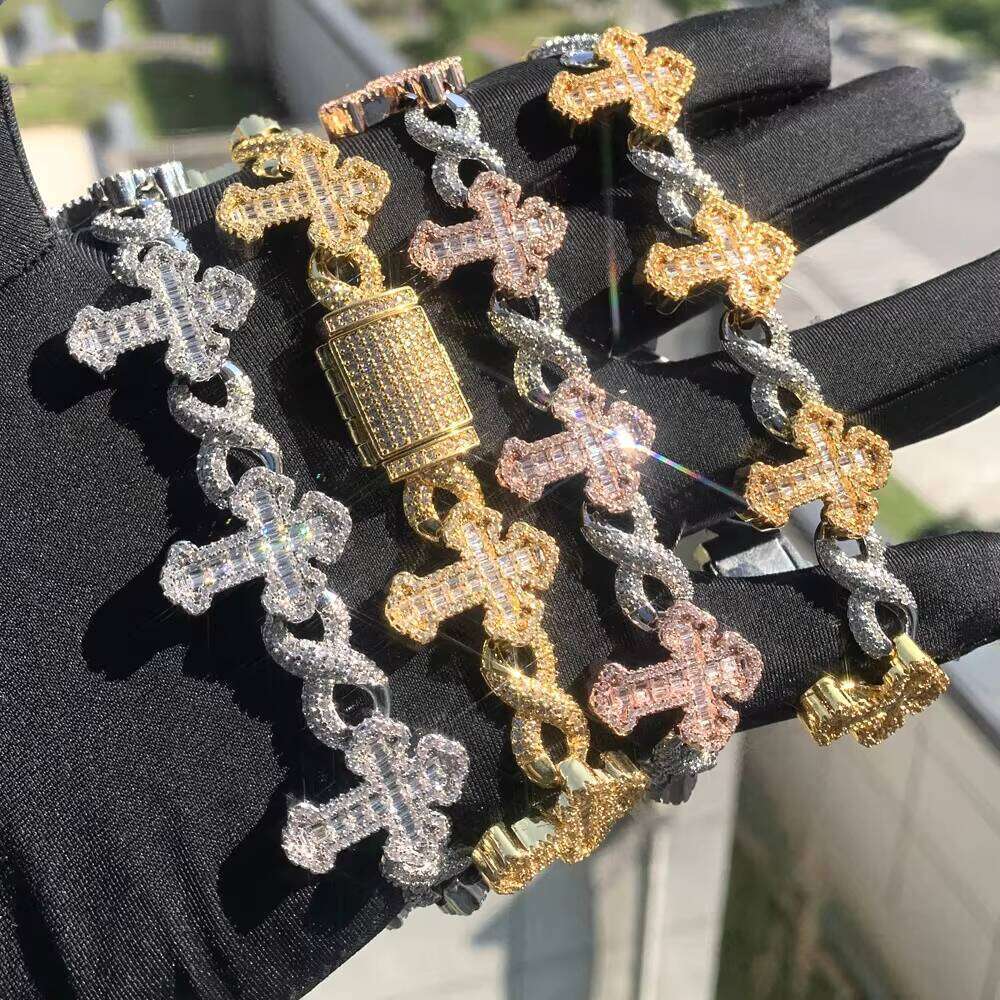 Iced Cubic Zirconia Hip Hop Men's Cross Infinity Bracelet Cuban Chain Rapper Christian Jewelry