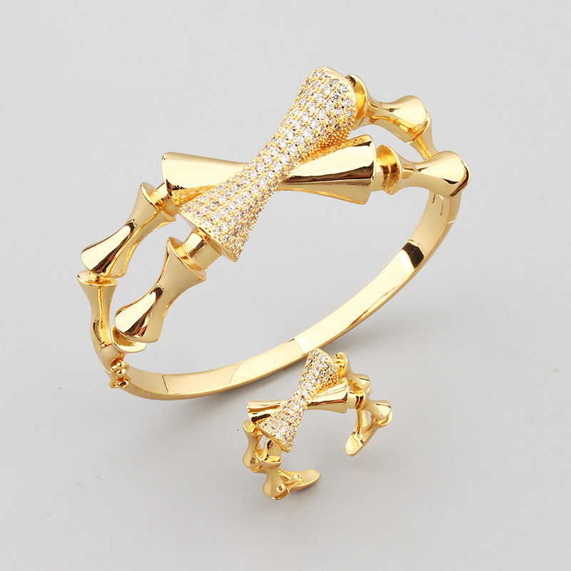 French Court Style Bamboo Knot Hollow Cross Bracelet Open Ring Women's Zircon Inlaid Jewelry