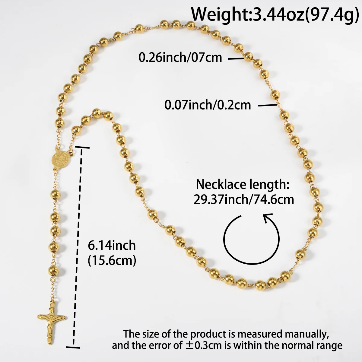 Gold Plated Rosary Beads Necklace with Jesus Cross Pendant Catholic Religious Jewelry Long Chain for Prayer Devotion Gift 251209