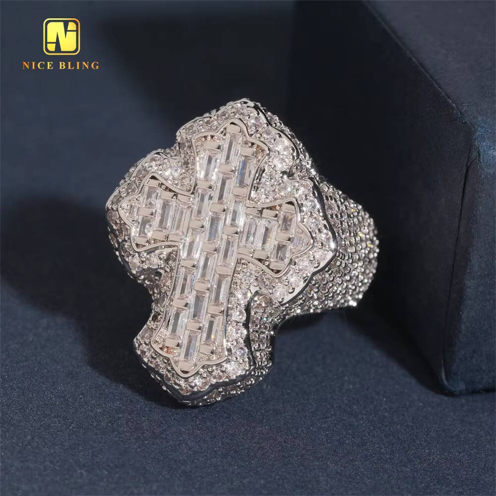 Fashion Jewelry Ring Baguette Hip Hop Brass 5A Cubic Zirconia Full Diamond Iced Out Jewelry Cross Rapper Ring for Men