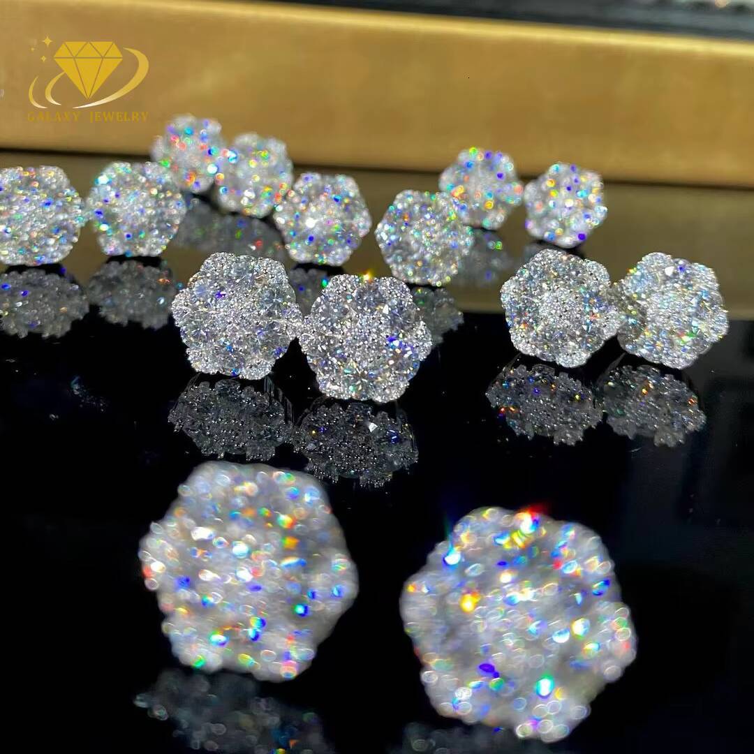 Hotsale Iced Out Hiphop Diamond Earring Silver 925 Vvs Moissanite Stud Earrings Iced Out Cluster Flower Stud Earrings