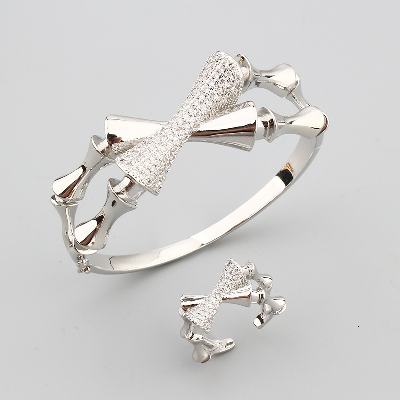 French Court Style Bamboo Knot Hollow Cross Bracelet Open Ring Women's Zircon Inlaid Jewelry