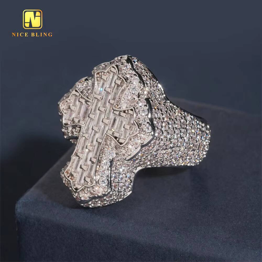 Fashion Jewelry Ring Baguette Hip Hop Brass 5A Cubic Zirconia Full Diamond Iced Out Jewelry Cross Rapper Ring for Men