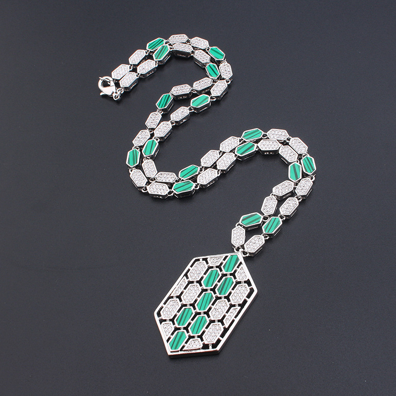 Creative Fashion Geometric Honeycomb Necklace Earrings Set Versatile Gold-Plated Colorful Stone Women's Elegant Sweater Chain Wholesale