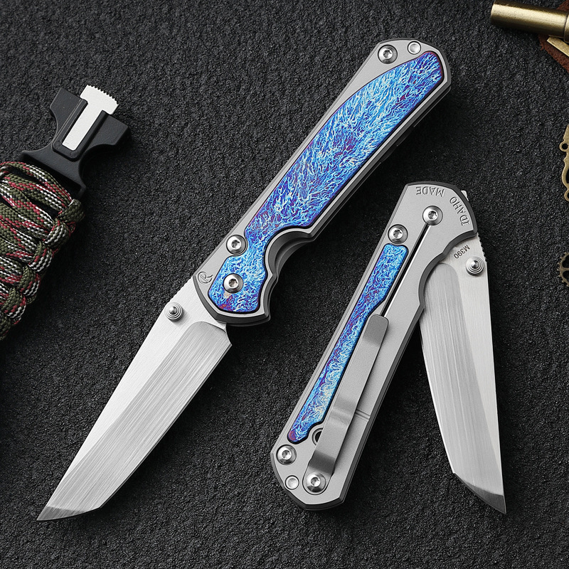 Crisp M390 Powdered Steel Pocket Knife with Holster, Lightning Pattern TC4 Titanium Handle, Camping Hunting EDC Folding Knife