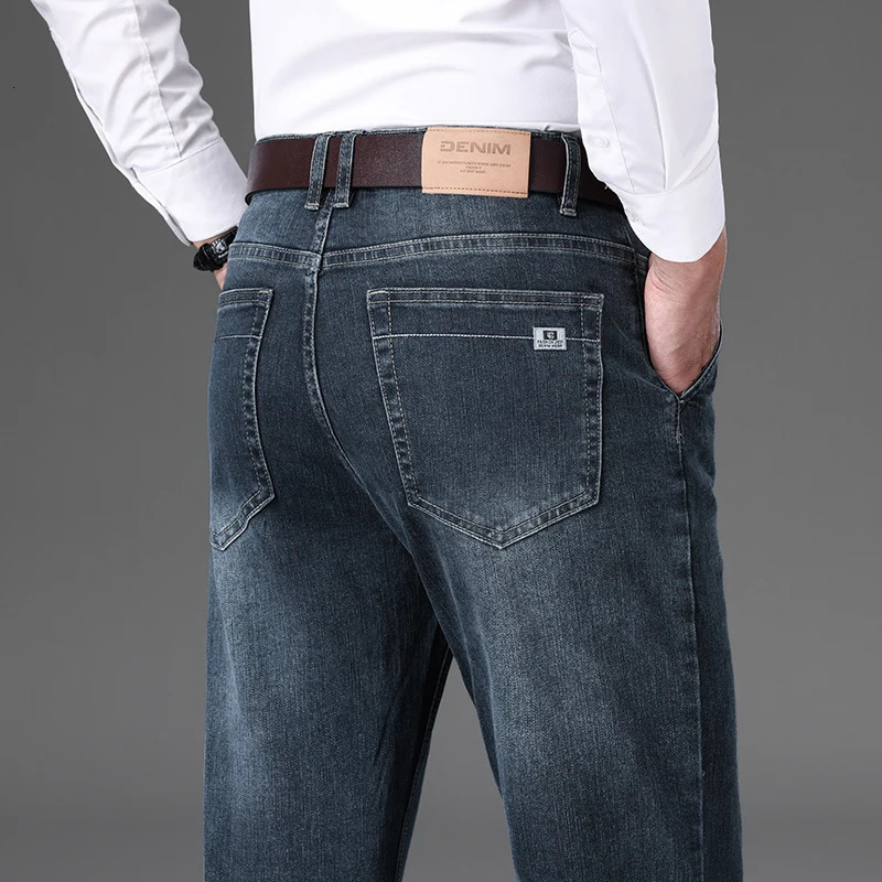 Autumn Mens Straight Jeans Classic Washed Stretch Cotton Business Casual Denim Pants Fashion Clothes Black Blue Gray 251205