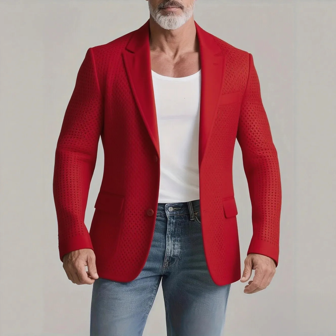 Mens Hollow Crochet Suit Coats Fashion Notch Lapel Two Button Long Sleeve Blazer Casual Solid Double Pockets All-match Jacket 251211