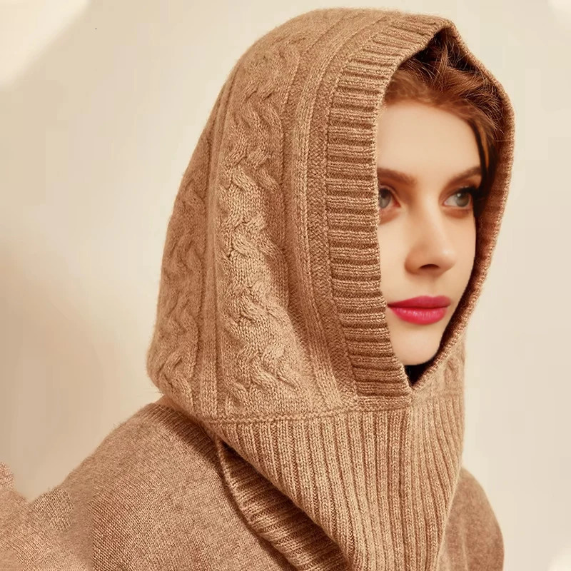 Unisex 100Wool Knitted Balaclava Winter Ear Face Neck Protect One-Piece Scarf Hat Soft Warm Hooded Beanies Twist False Collar 251211