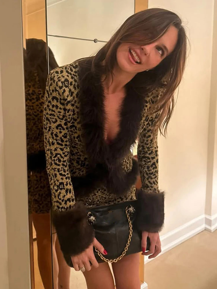 Kliou Leopard Print 2 Piece Set Woman Autumn Trend Furry Patchwork Full Sleeve TopsSkinny Mini Skirts Street Wild Style Outfits 251212