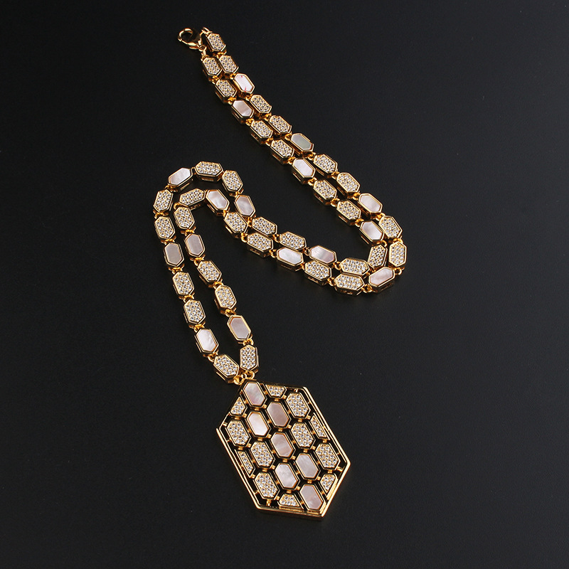 Creative Fashion Geometric Honeycomb Necklace Earrings Set Versatile Gold-Plated Colorful Stone Women's Elegant Sweater Chain Wholesale