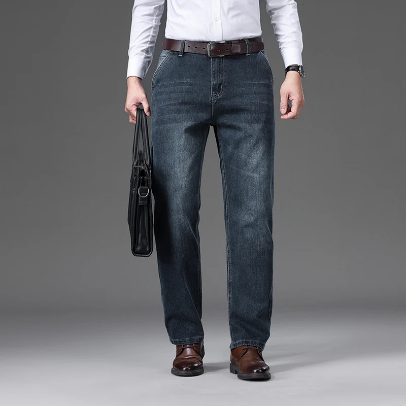 Autumn Mens Straight Jeans Classic Washed Stretch Cotton Business Casual Denim Pants Fashion Clothes Black Blue Gray 251205