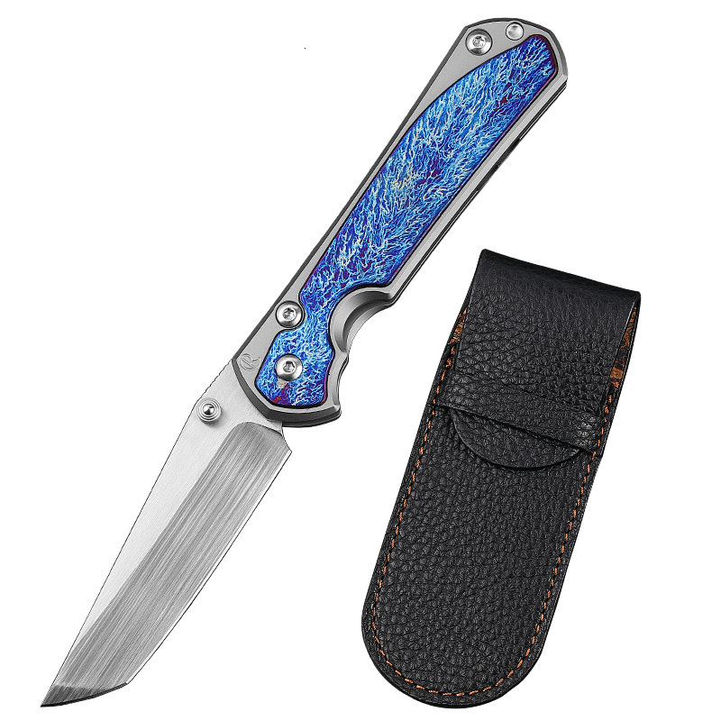 Crisp M390 Powdered Steel Pocket Knife with Holster, Lightning Pattern TC4 Titanium Handle, Camping Hunting EDC Folding Knife