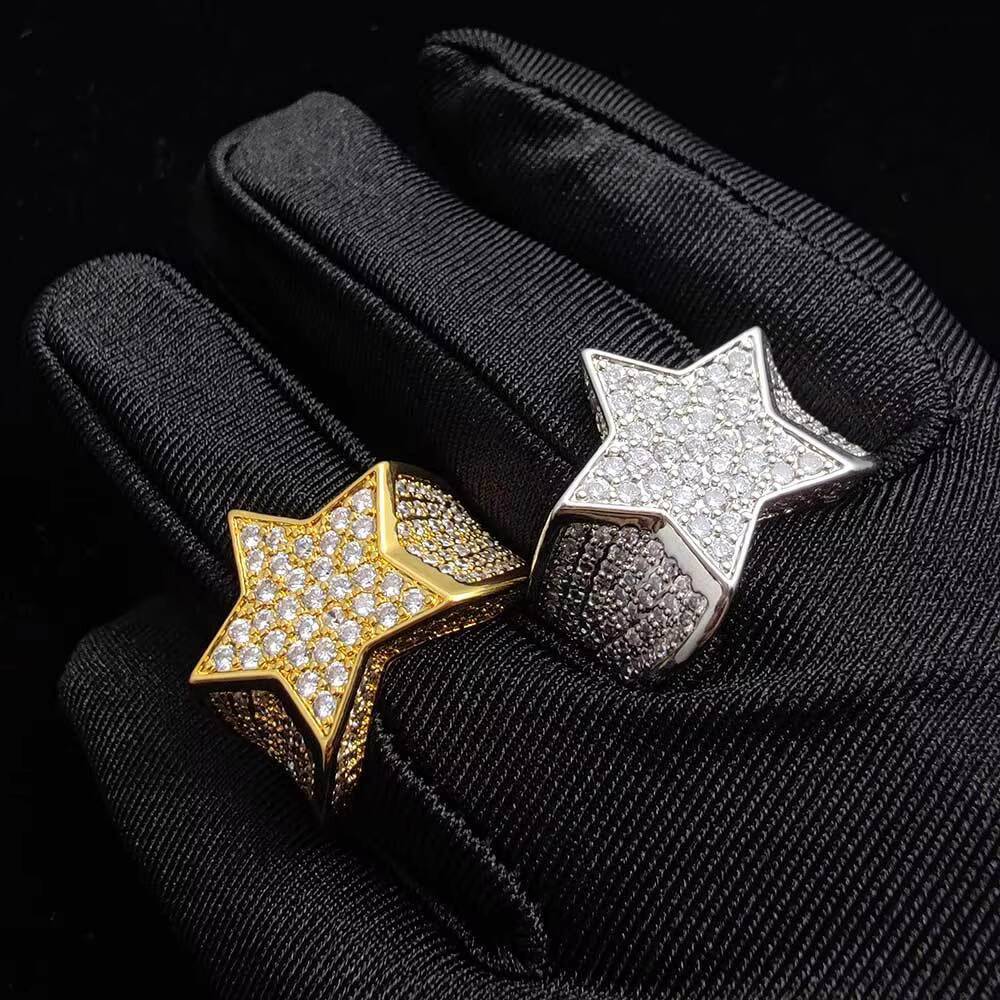 HipHop Mens Jewelry Full of Diamond Star Ring Real Gold Plating Iced Out Personality Micro Inlaid Zircon Ring
