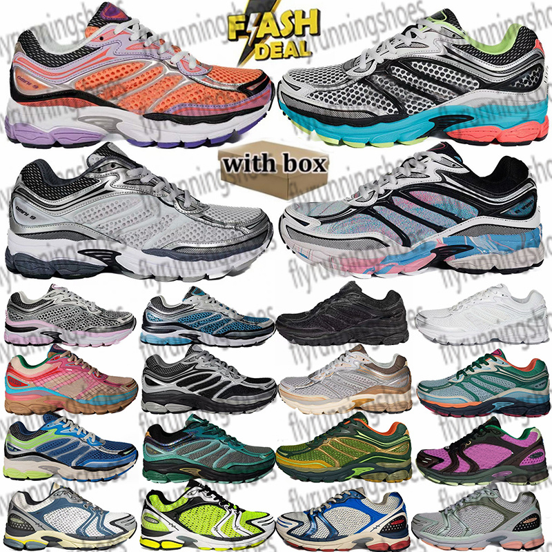 Sauconny Shoes Progrid Omni 9 Designer Shoes Sauconies Outdoor Running Shoes Shock Absorption Wear Resistant Thick Sole Grey White Navy Blue Sneakers With Box