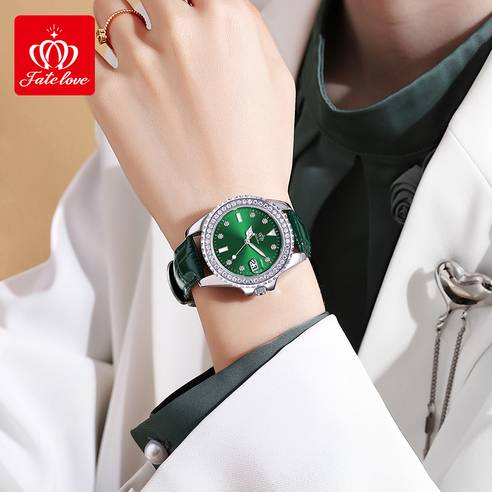 Fatelove Moissanite Inlaid Designer Watch With Green Dial Luxurious And Fashionable Women's Watch Leather Strap Quartz Men's Watch Waterproo